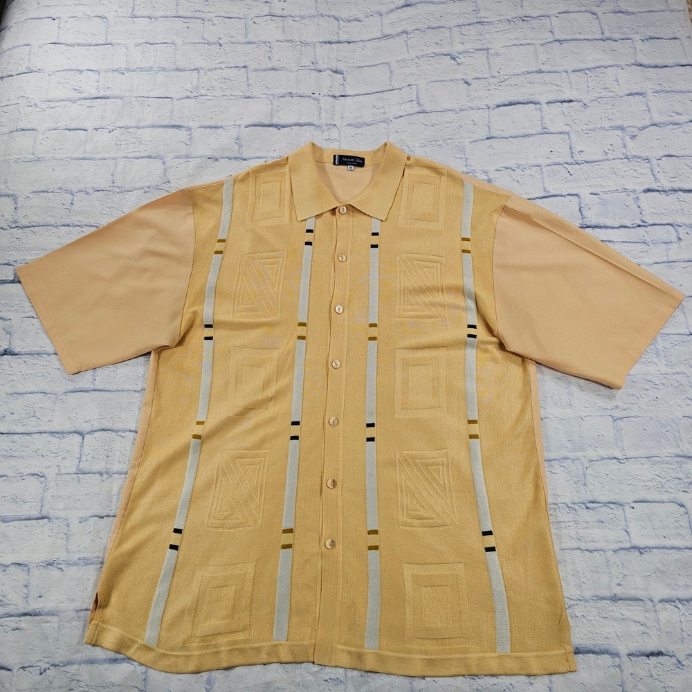 Michael Irvin Playmaker Button Shirt Mens 3X Yellow Silk Blend Geometric Vintage